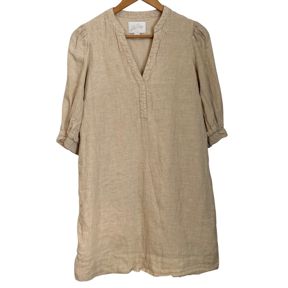Lilly Pulitzer Mialeigh Lagoon Linen Dress 6 Beige Shift Puff Sleeve Coastal - Picture 2 of 14